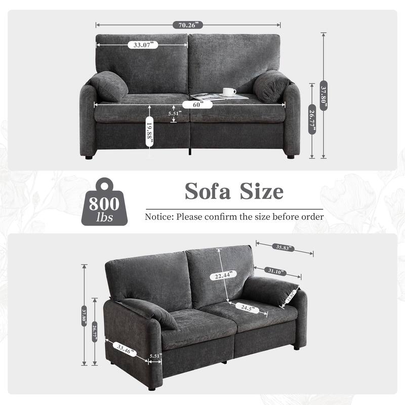 71.28" Chenille 2-Seater Sofa with Cloud-Like Cushion & Sponge Support