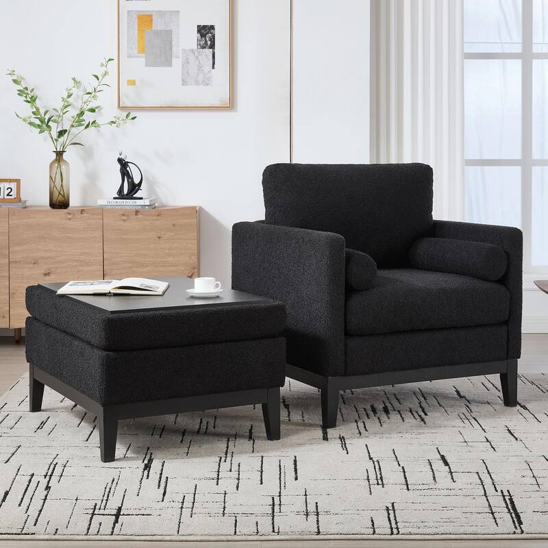 Boucle Armchair with Storage Ottoman - 300lb Capacity, Farmhouse Style