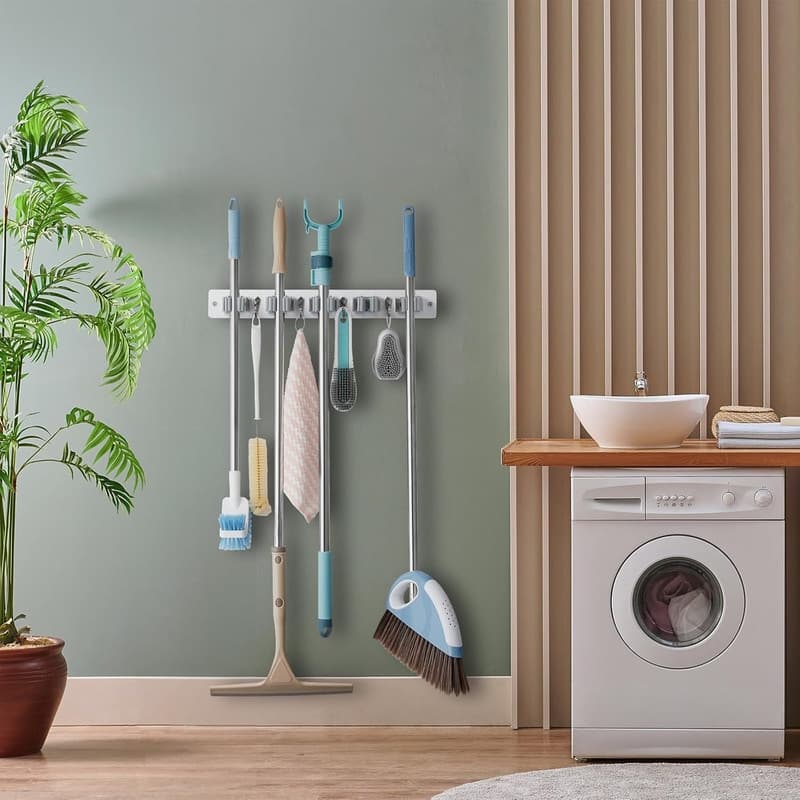 Mop and Broom Holder Wall Mount With 5 Slots & 4 Hooks - 1 Pack