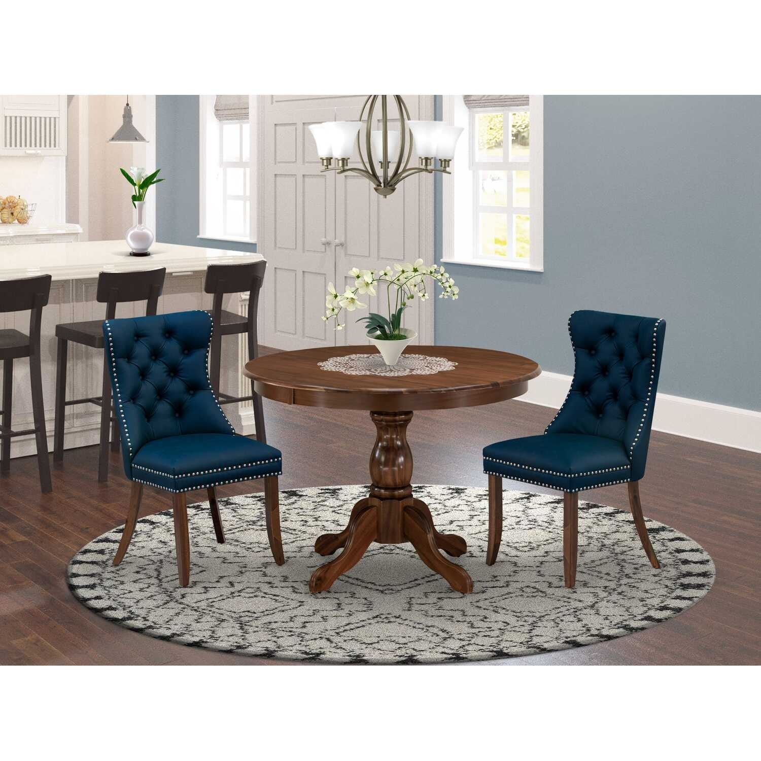 3-Piece Antique Walnut Finish Solid Wood Top-Round Upholstered Dining Room Set-Seats 4