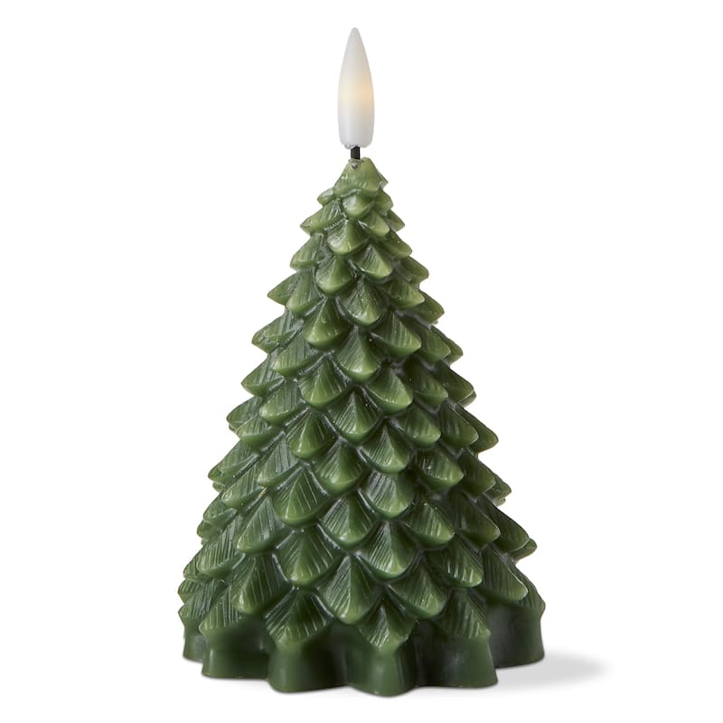 Pine Tree LED Flameless Candle - Small Sculpted Christmas Decor, Green Wax, 5.75" H x 3" L x 3" W, Wipe Clean