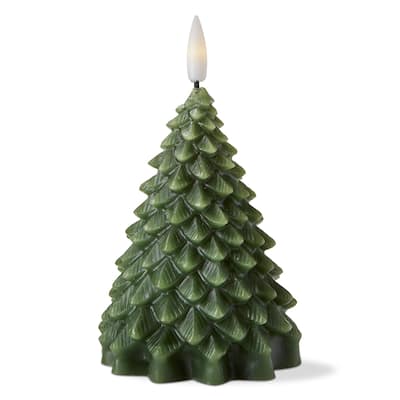 Pine Tree LED Flameless Candle - Small Sculpted Christmas Decor, Green Wax, 5.75" H x 3" L x 3" W, Wipe Clean