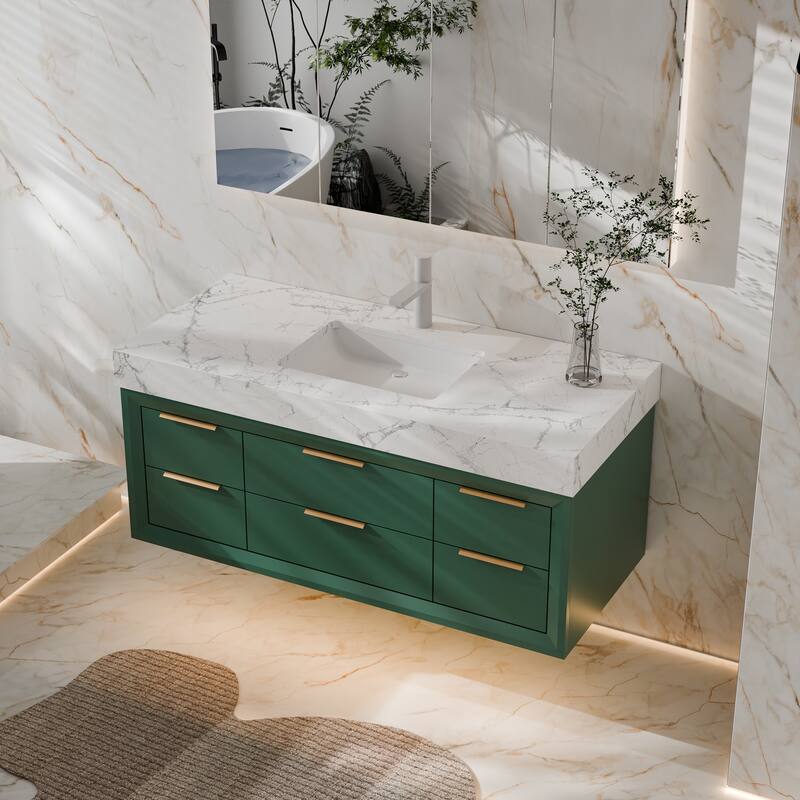 Modland 48" Modern Floating Bathroom Vanity with Single Sink, Soft-Close Drawers, White Stone Countertop