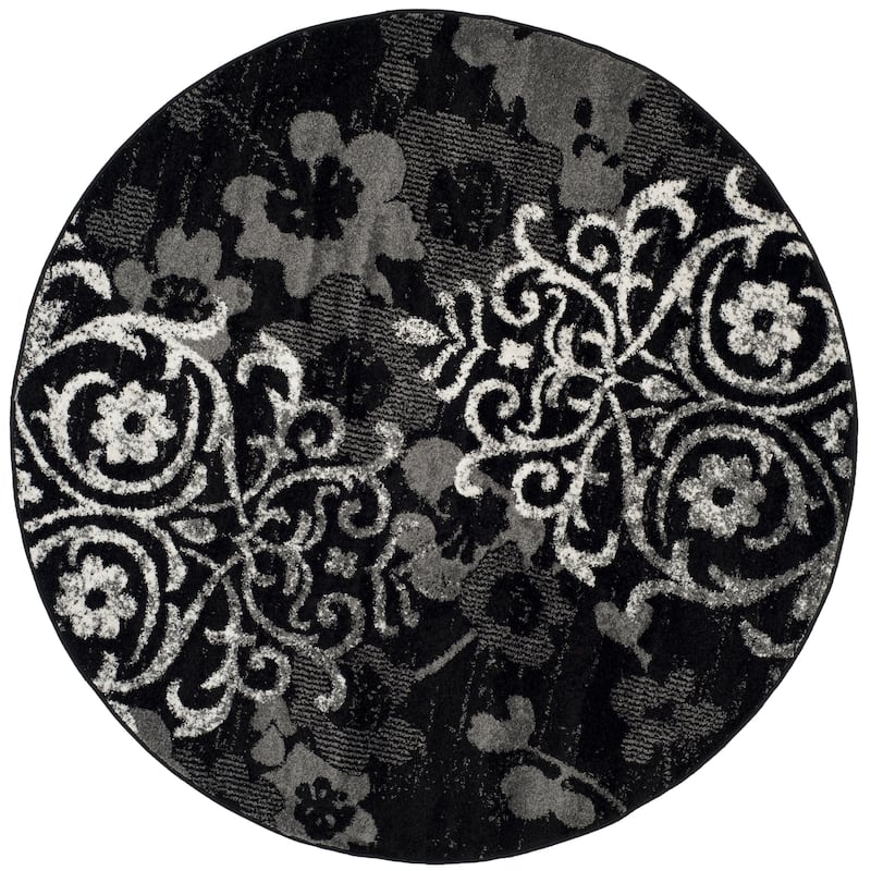 SAFAVIEH, Adirondack Rena Damask Floral Distressed Rug - 9' Round - Black/Silver