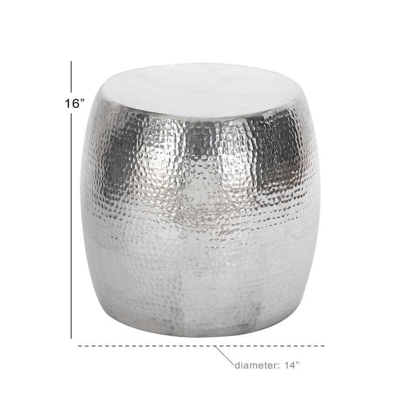 Aluminum Metal Drum Accent Table with Hammered Design - Silver - Roche River Decor - 14"W x 14"L x 16"H