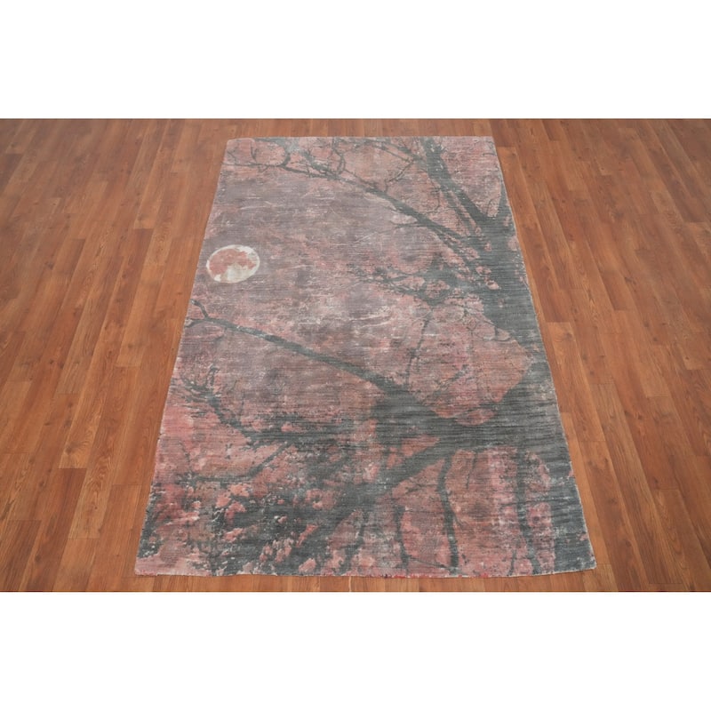 Hand Knotted Oriental Viscose Silk Carpet Modern Pictorial Coral Abstract Area Rug - 6' 2'' X 3' 11''