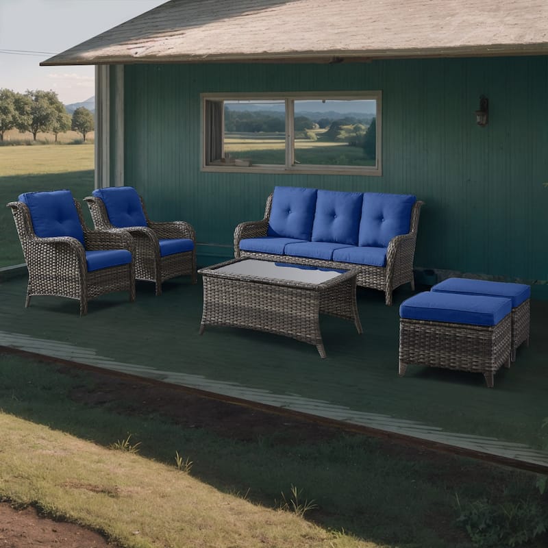 Gymojoy 6-Piece Patio Furniture Sofa Chair Ottoman - Grey - Blue