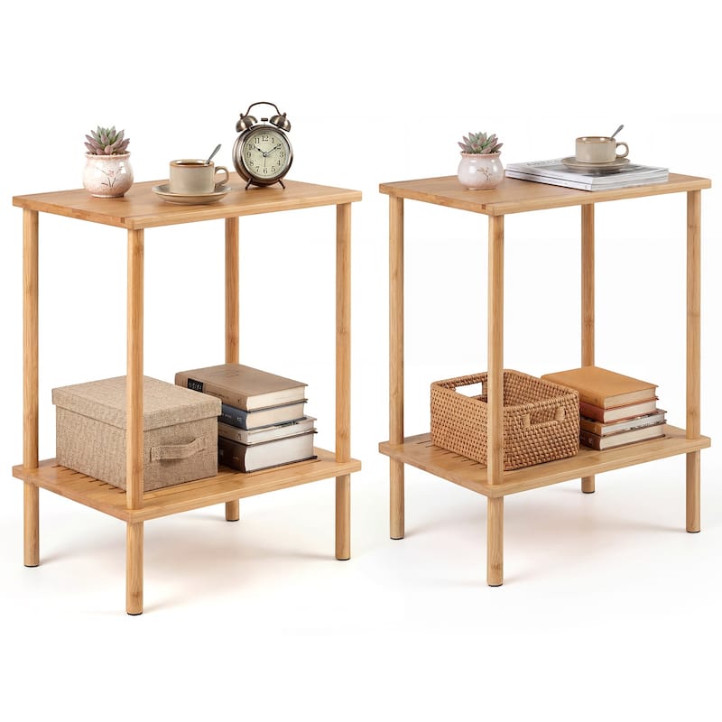 Gymax Side Table Set of 2 w/Storage Shelves Rectangular Tea Sofa Table - Natural - Wood