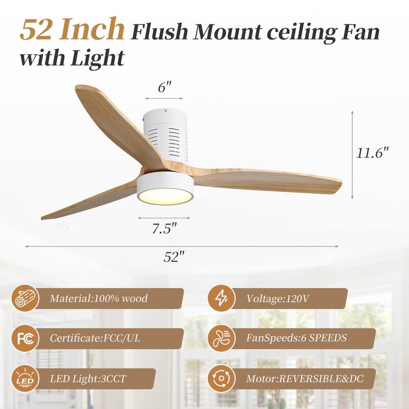 Sofucor 52" Indoor Wood Ceiling Fan Light with Remote, Integrated Light Optional