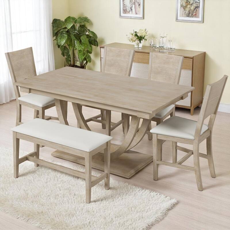 6-Piece Modern Dining Table Set with Bench and 4 Upholstered Chairs, Solid Wood Half-Round Base Kitchen Dining Room Furniture