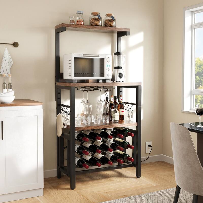 Freestanding Floor Wine Rack Table with Power Outlet Bottle Shelf and Glass Holder Home Bakers Rack