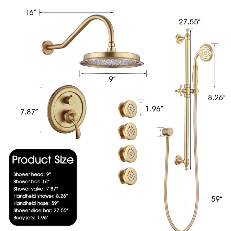 PROOX 9" Rain ShowerHead Body jet System with handheld shower Rough-in Valve