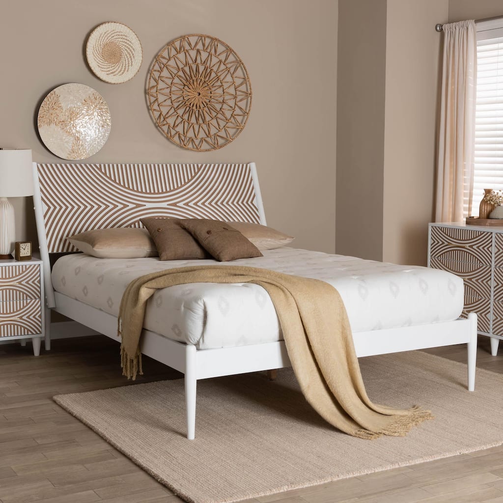 Louetta Coastal White Queen Size Platform Bed with Carved Contrasting Headboard