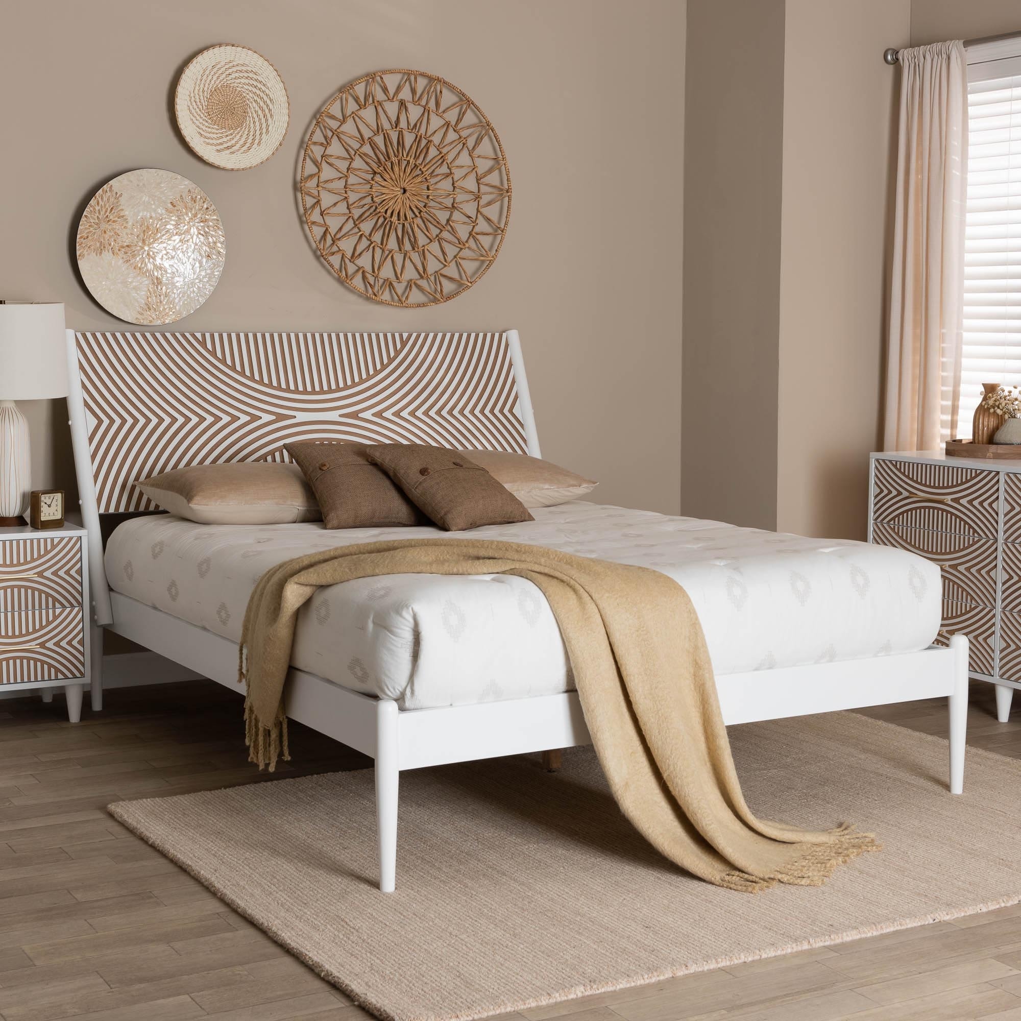 Louetta Coastal White Queen Size Platform Bed with Carved Contrasting Headboard
