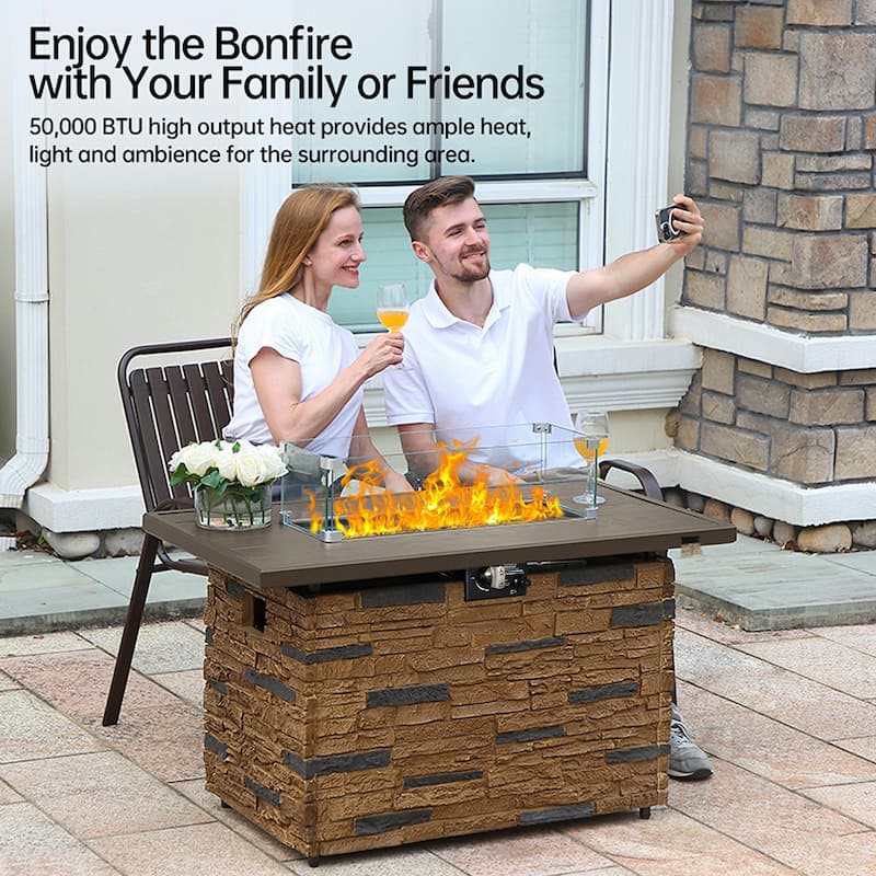 43" Propane Fire Pit Table, 50,000 BTU Faux Stone Fire Pit for Gatherings, CSA Certified Fire Table
