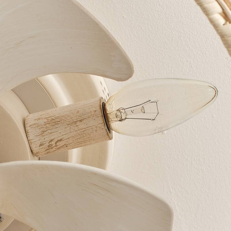 20-inch Boho Distressed White Chandelier Flush Mount Ceiling Fan with Remote and Hand-Woven Rattan Shade - 19.7" W x 7.08" H