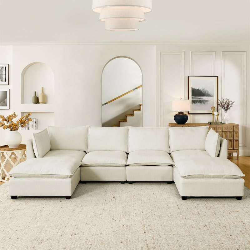 Symmetrical U-shaped Chaise Sectional Sofa with 4 Deep Seat Couch and 2 Ottomans, Double Layer Seat Cushions Chenille Sofa - White