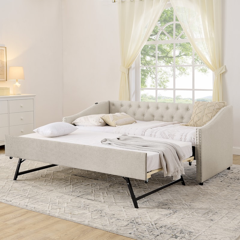 Twin Size Daybed with Pull Out Bed Trundle, Upholstered Button-Tufted Backrest Sofa Bed with Nailhead Trim & USB Charging Ports