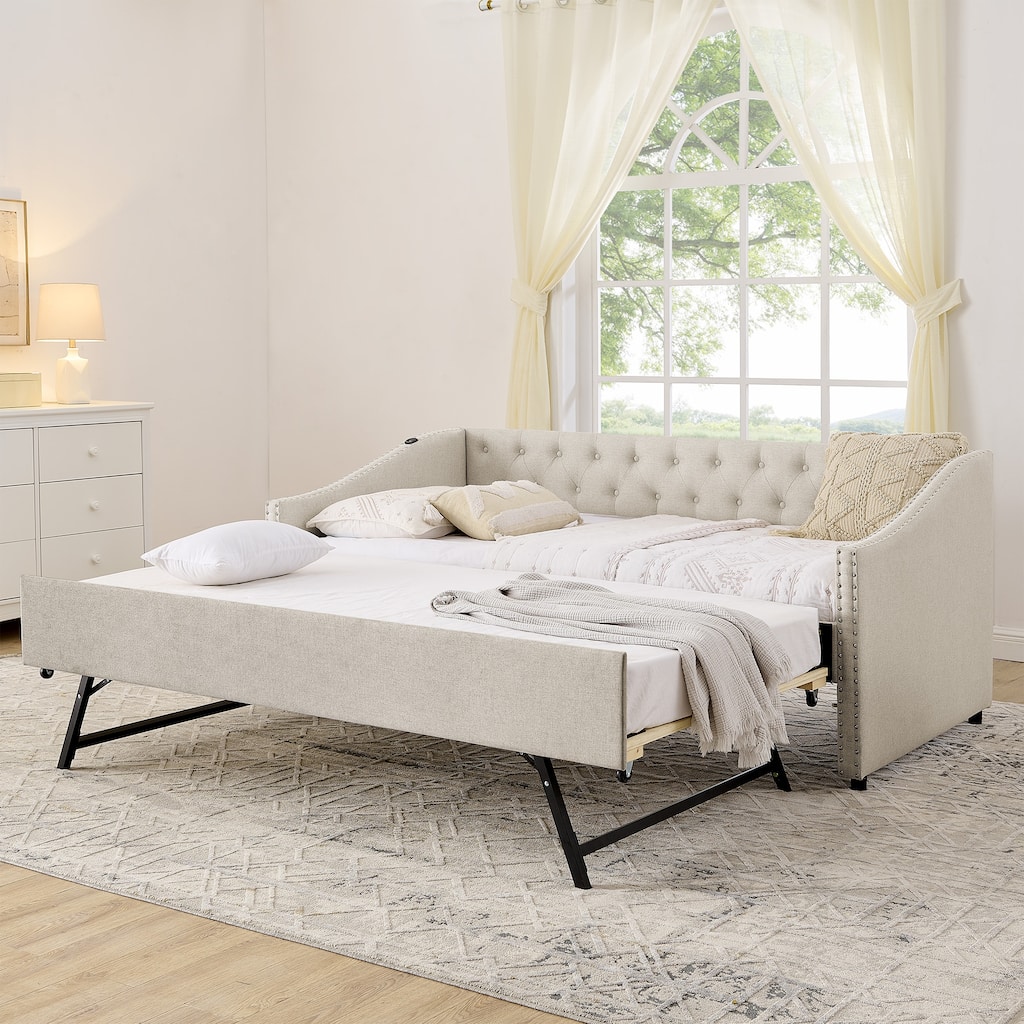 Twin Size Extendable Daybed with Pull-Out Bed, USB Charging Ports, Button Tufted Back & Nailhead Trim