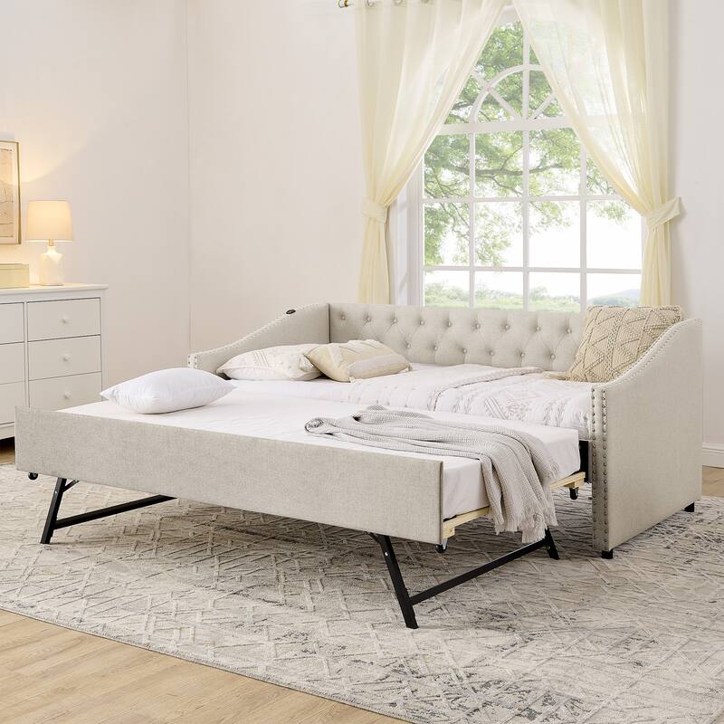 Twin Size Extendable Daybed with Pull-Out Bed, USB Charging Ports, Button Tufted Back & Nailhead Trim - Beige - Twin
