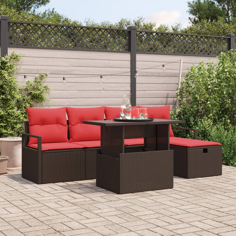 vidaXL 6 Garden Sofa Set with Cushions Black/Brown/Grey Poly Rattan - 90.6 x 46.1 x 27.2 - Brown