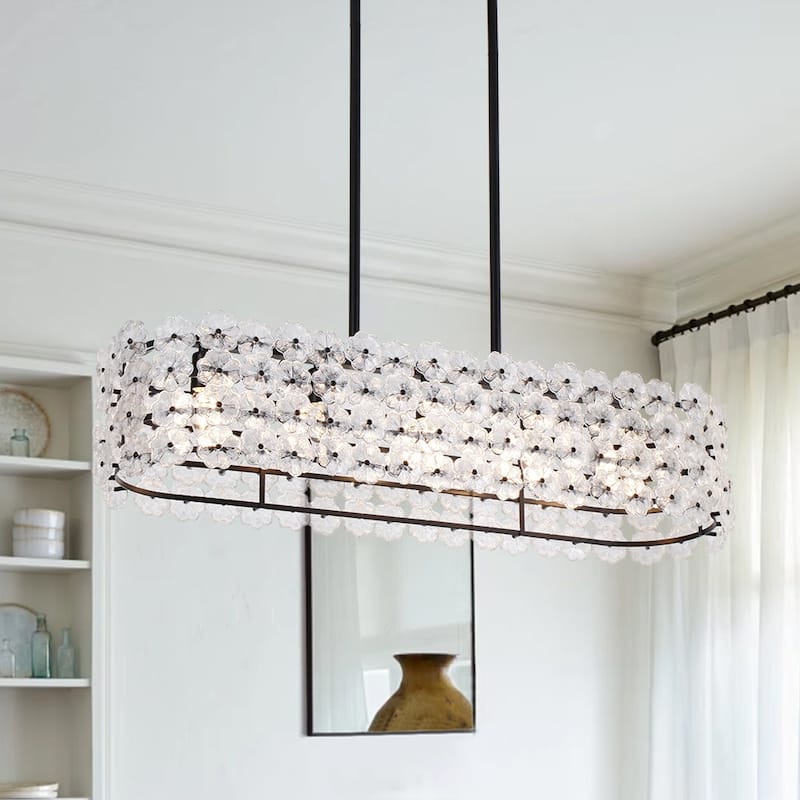 Glam 5-Light Glass Blossom Lantern Linear Island Chandelier 36.2 in - Black