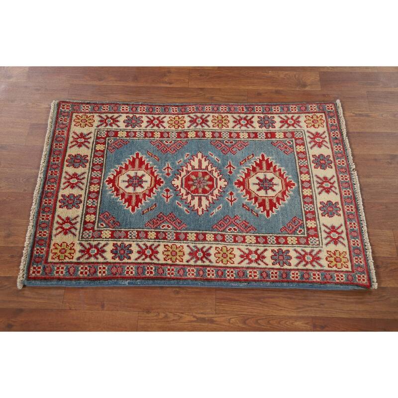 Hand Knotted Oriental 100% Wool Carpet Traditional Geometric Navy Blue & Blues Kazak Area Rug - 3' 1'' X 2' 0''
