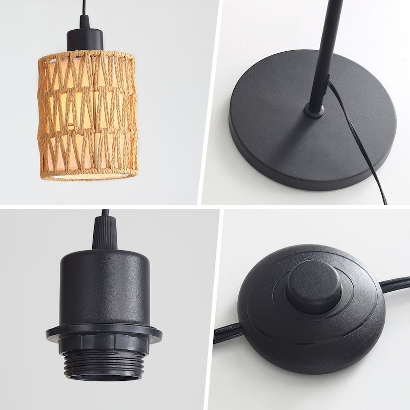 Sofucor 3-Lights Boho Rattan Floor Lights,Black Farmhouse Standing Lamp Wicker Rustic Tall Lamp,Rattan Woven LampShade Bohemian