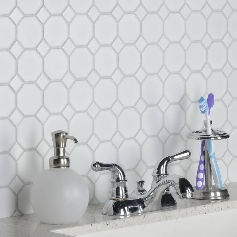 Merola Tile Metro Octagon Matte White w/White Dot 11.5" x 11.5" Porcelain Mosaic - Case (10 Tiles)