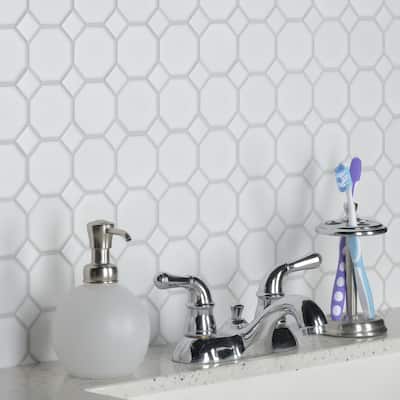 Merola Tile Metro Octagon Matte White w/White Dot 11.5" x 11.5" Porcelain Mosaic
