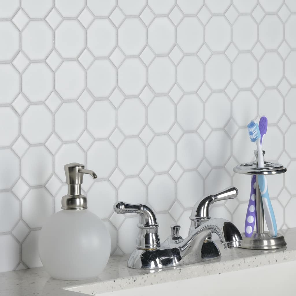 Merola Tile Metro Octagon Matte White w/White Dot 11.5" x 11.5" Porcelain Mosaic