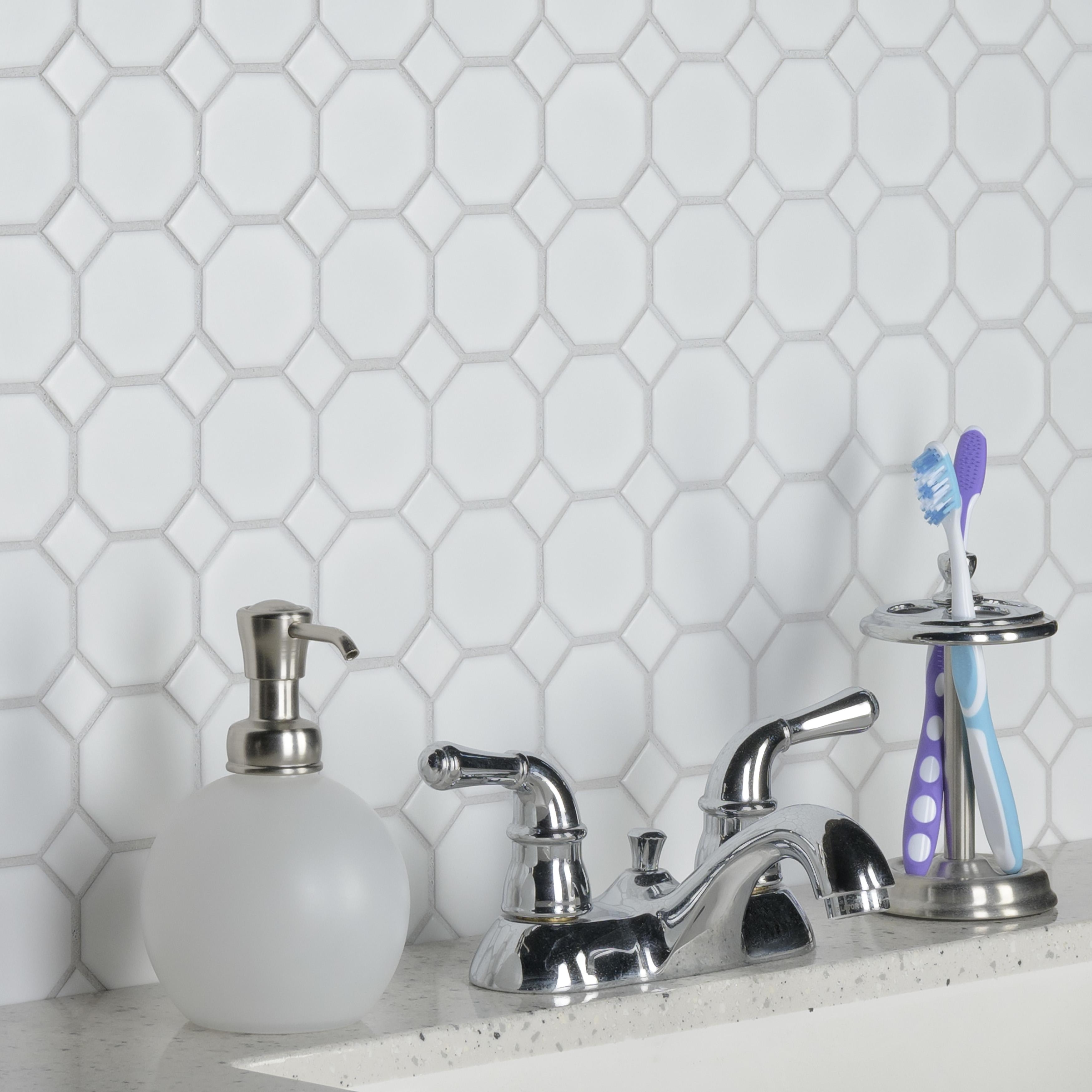 Merola Tile Metro Octagon Matte White w/White Dot 11.5" x 11.5" Porcelain Mosaic Floor and Wall Tile