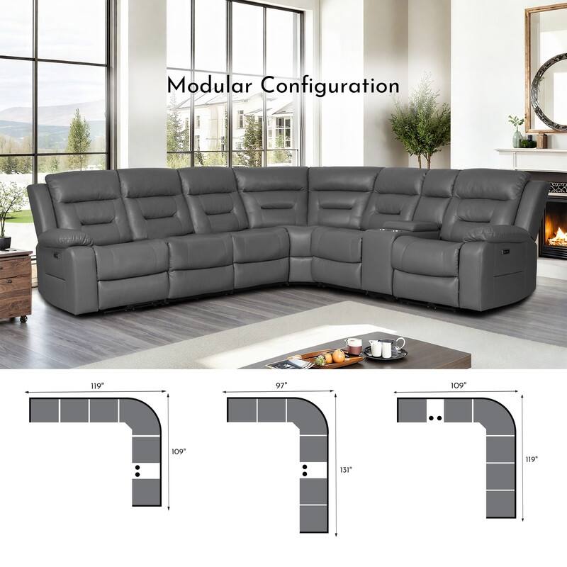 119'' Faux Leather Power Recliner 6-Seat Large Sectional Reclining Sofa with USB Port
