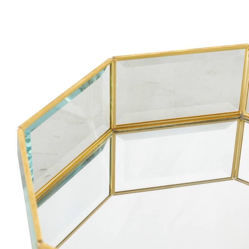 Clear Glass Beveled Wide Octagon Decorative Jewelry Box with Gold Metal Frame (Set of 2)