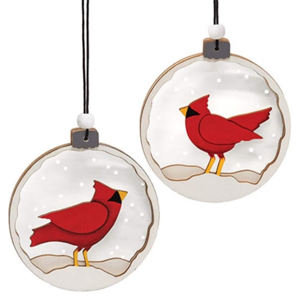 Layered Wood Snowy Cardinal Christmas Ornaments Red Bird Tree Decorations 2 Asstd - 3.5"Dia x .25" D