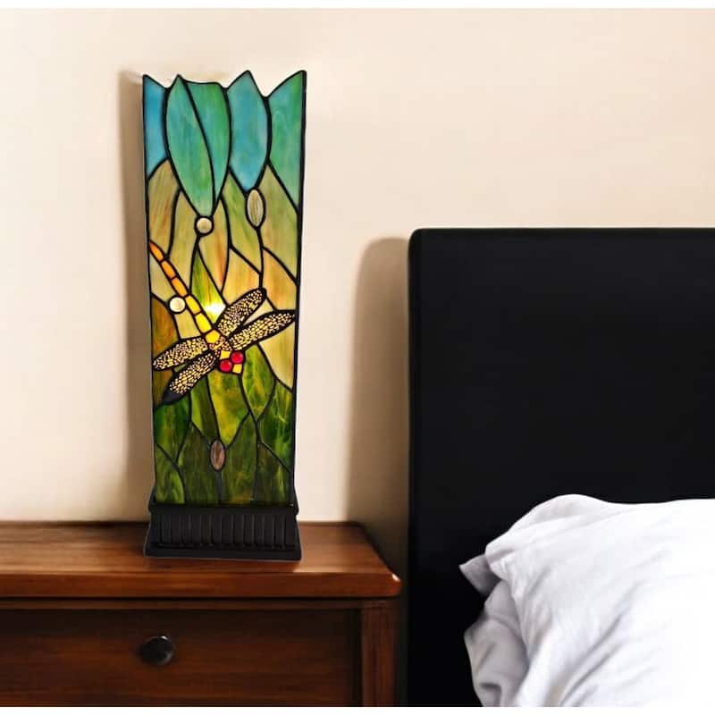 HomeRoots 18" Dark Brown Table Lamp With Green and Black Shade - 12 - 12