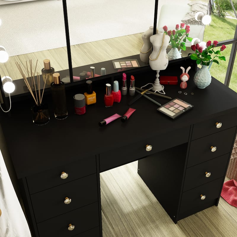 Luxurious LED Makeup Vanity with 9 Drawers Elegant Makeup Station