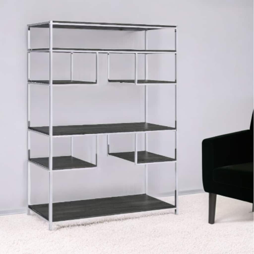 HomeRoots 72" Gray and Silver Metal Seven Tier Geometric Bookcase