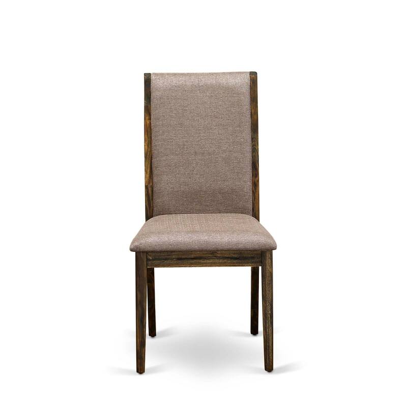 East West Furniture Dining Set- a Round Dining Table and Dark Khaki Linen Fabric Chairs, Distressed Jacobean (Pieces Option)