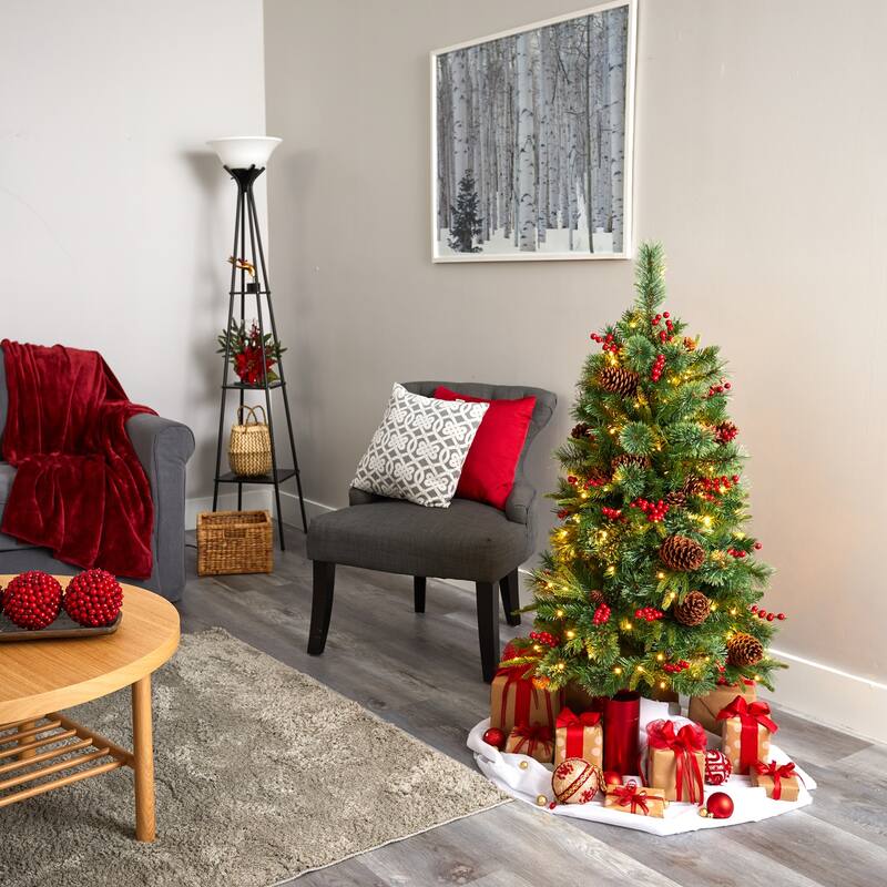 4Ft Artificial Christmas Tree with Lights - Holiday Decor, Pine Cones & Berries, Festive Tree for Home - Green - 48
