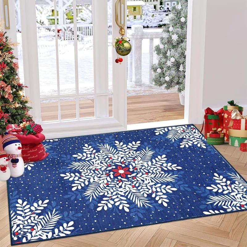 Christmas Snowflake Washable Area Rug, Floor Carpet for Holiday Decor, Blue