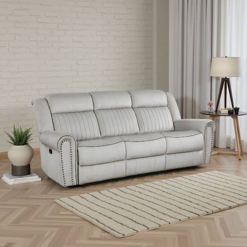 Ben Manual Reclining Sofa, 89 Inch, Gray Microfiber, Nailhead Trims