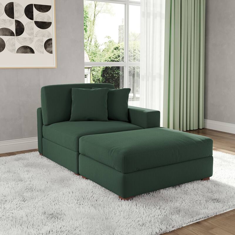 Corduroy Chaise Lounge Sofa with Ottoman for Living Room - Right - Hunter Green/Right