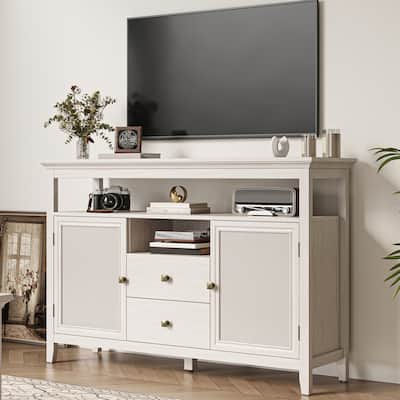 52.8" Rattan Sideboard, Boho Farmhouse Storage Cabinet with Adjustable Shelves, Accent Buffet Cabinet for Kitchen