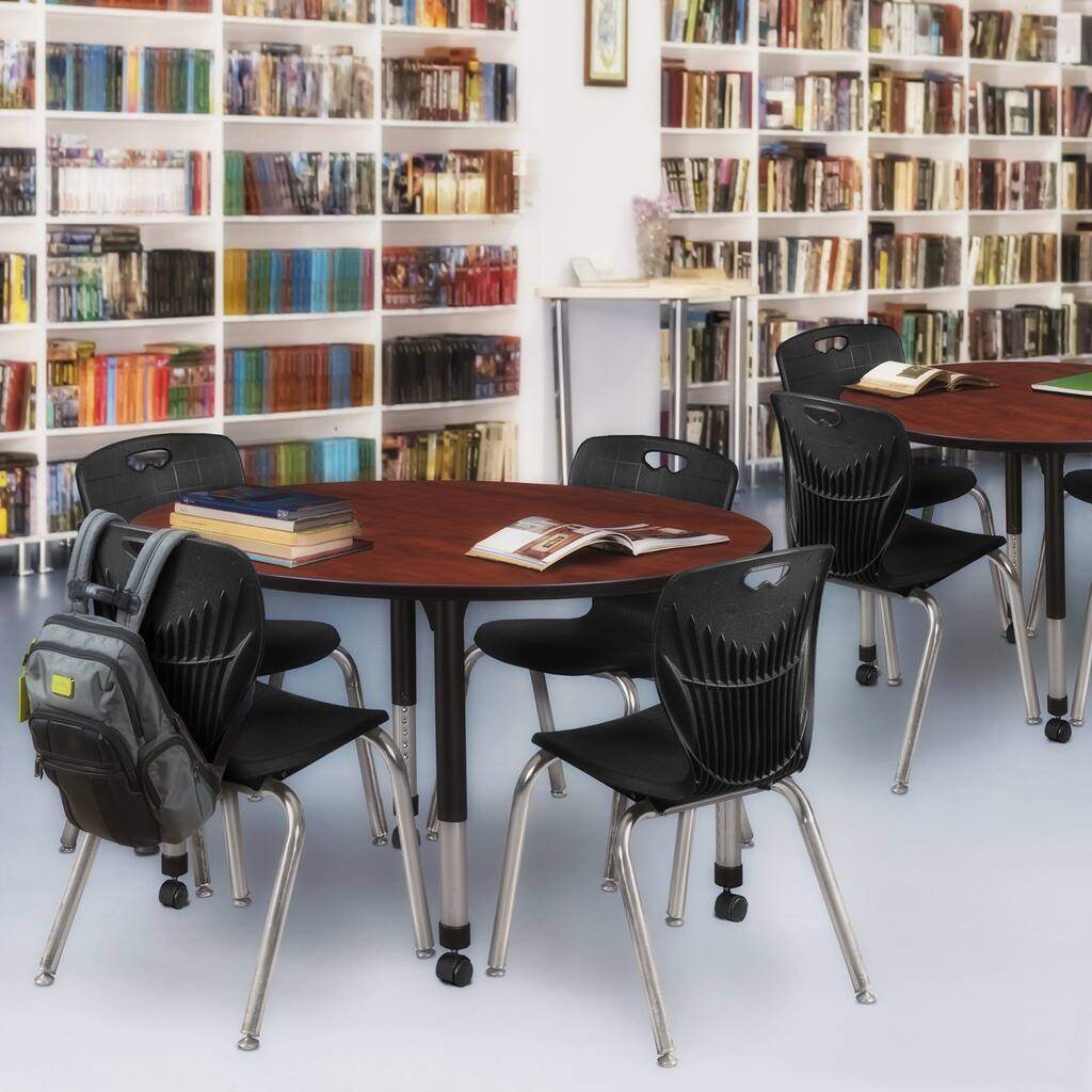 48 in. Round Height Adjustable Classroom Table - Cherry & 4 18-in Stack Chairs- Black