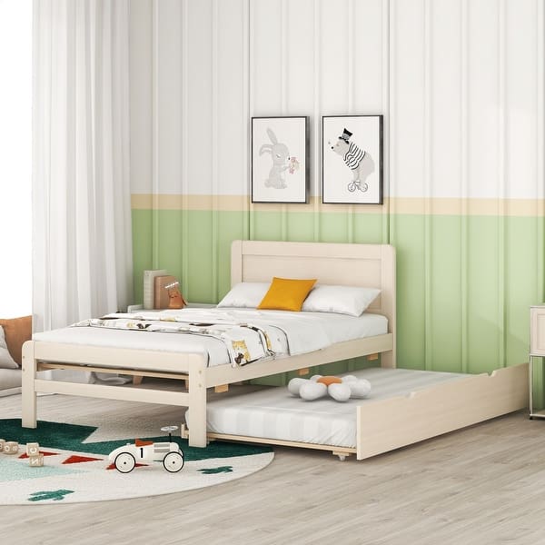 slide 2 of 9, Modern Twin Size Platform Bed Frame with Twin Size Trundle Bed, Solid Wood Twin Bed Frame with Headboard for Kids Boys Girls White Washed - Twin