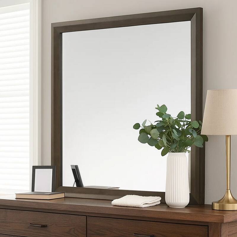 Fel Dresser Mirror, Beveled Glass, Dark Brown Wood Frame, 44x45
