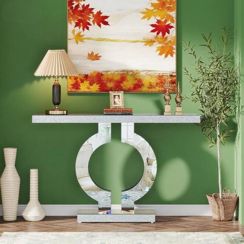Acrylic and Glass Console Table with O-Shaped Base Design - 43.11"W x 11.61"D x 31.89"H