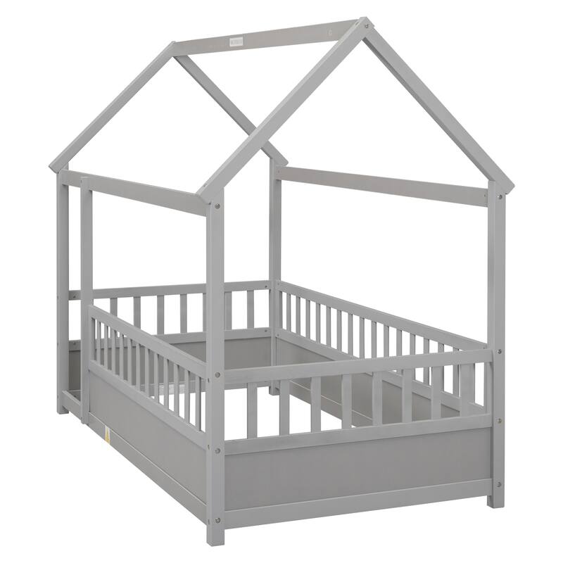 Twin Size Floor Wooden Bed with House Roof Frame, Fence Guardrails,Grey,for Bedroom Guest Room or Home