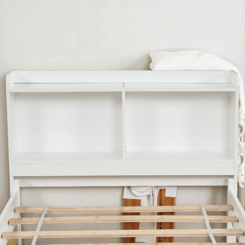 Twin/Full Bed Frame with Pull-Out Trundle and Bookcase Headboard, No Box Spring Needed